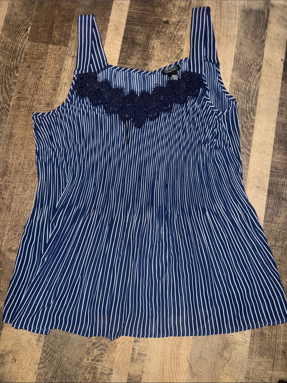 Catherines Black Label Plus Size 3X Blue Striped Pleated Lace Trim Tank Top